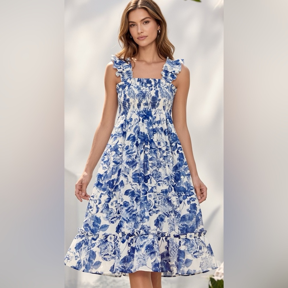 THE DROP Elegant Blue Floral Midi Dress